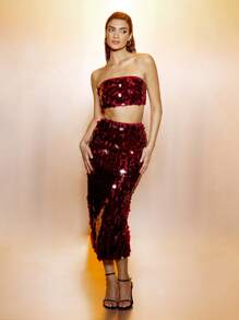MISSGUIDED Y2K Futuristic Sequin Bandeau Crop Top And Bodycon Midaxi Skirt Two Piece Co-Ord Set Christmas - Burgundy - View 6