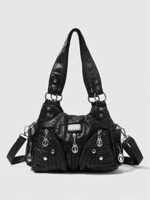 ROMWE Grunge Punk New Punk Rock Chic Ladies Shoulder Tote Bag, Darkcore Motorcycle Handbag For Women, New Fashionable Big Bags For Women , Goth