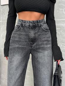SHEIN Cottnline HIGH RISE STRAIGHT GREY JEAN WITH DIAMOND - Grey - View 3