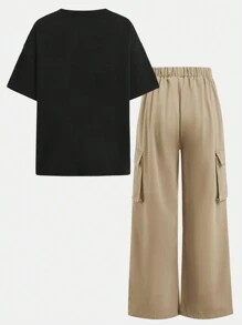 2 pezzi Set ragazza giovane: Maglietta larga con stampa ritratto e lettera stile hip hop, pantaloni cargo con pieghe