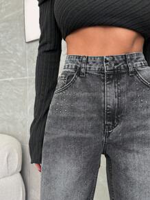 SHEIN Cottnline HIGH RISE STRAIGHT GREY JEAN WITH DIAMOND - Grey - View 7