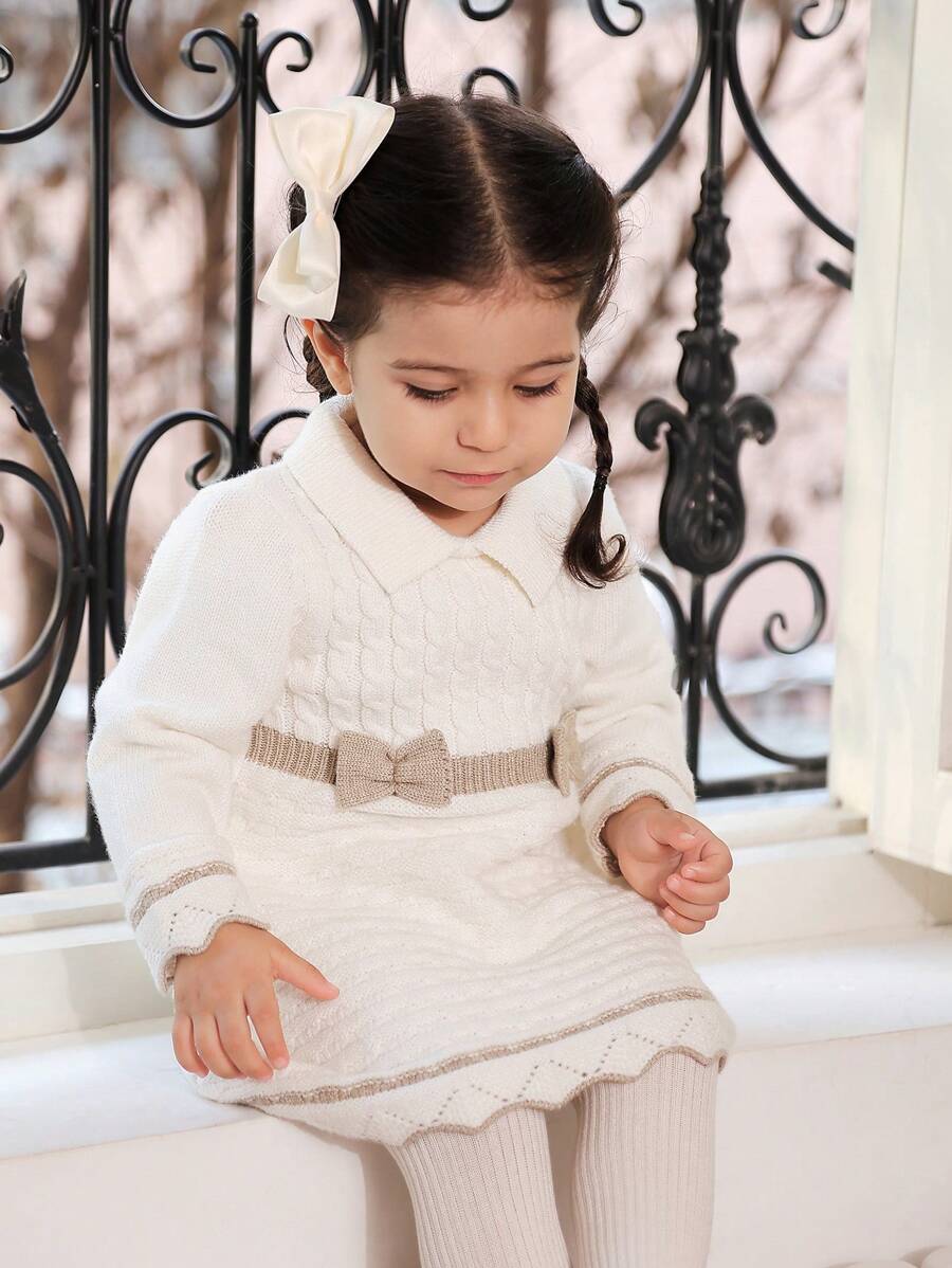 SHEIN Baby Girls Adorable Peter Pan Collar Sweater Dress, Decorated With 3D Bow, Casual Style, Perfect For Daily Wear Or Vacation