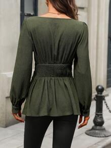 SHEIN Clasi 女士方领腰部修身长袖优雅衬衫 - 綠色 - 查看 2