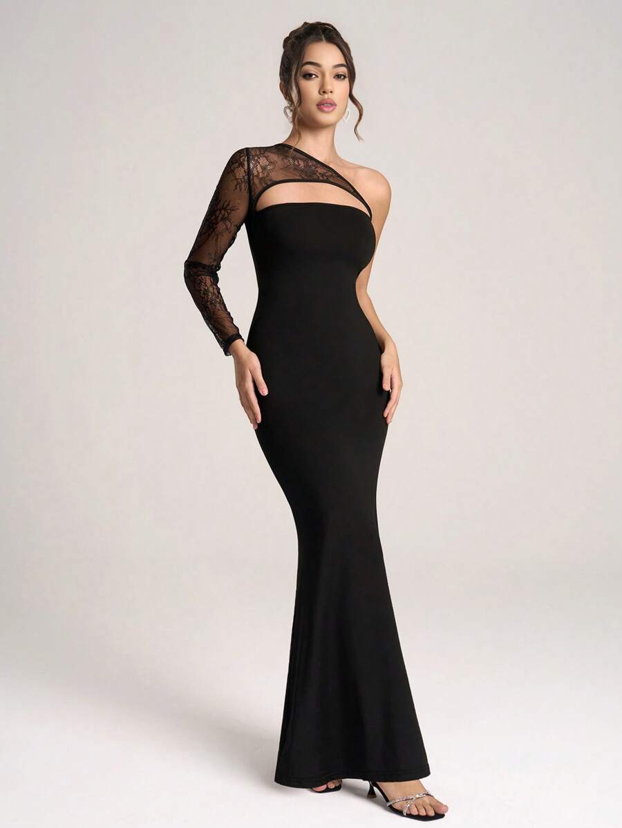 SHEIN Belle Women's Elegant Lace Patchwork Asymmetric Neckline Fishtail Formal Evening Gown, Black Long Sleeve Prom Dress, For Wedding Guest, Graduation, Dinner