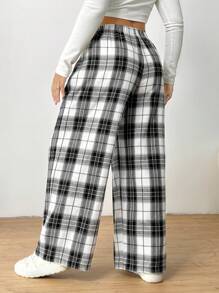 Solflare 大码女式格子裤，黑白格子松紧腰口袋阔腿休闲宽松裤，女式冬装 - 黑與白 - 查看 2