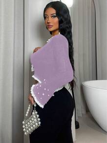 Zolique Women's Elegant Ruffle Beaded Ribbed Cropped Sweater, Long Flare Sleeve Crew Neck, Autumn/Winter Knit Pullover Fall - Purple - View 5