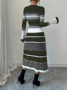 Elenzga Women Striped Contrast Color Round Neck Long Sleeve Flared Dress