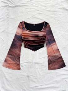 Soleia Casual Vacation Knit Mesh Tie-Dye Tie Dye Print Square Neck Long Flare Sleeve Slim Cute T-Shirt
