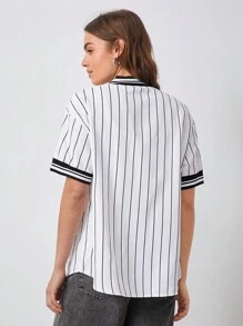 SHEIN EZwear Áo sơ mi sọc in chữ thường ngày dành cho nữ, mùa hè - trắng - Xem 2