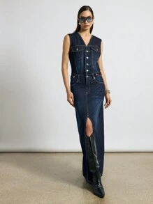 AiiRZ Denim Sleeveless Maxi Dress With Front Slit - Blue - View 5