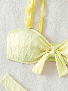 2 件套夏季女士纯色纹理面料比基尼上衣和高腰下装 - 黃色 - 查看 3