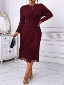 Celure Plus Size Dames Mid-Calf Lengte Ronde Hals Effen Kleur Geplooide Taille Getailleerd Elegante Lange Mouw Trui Jurk, Winter