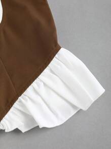 Sweetra French Romantic Vintage Color Block Ruffle Puff Sleeves Front Tie Waist 2 In 1 Long Sleeve Versatile White Blouse, Autumn/Winter Y2K Outfit 