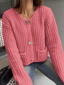 Chiquease Women's Casual Chic Button Up Solid Color Knit Sweater - Pink - View 5