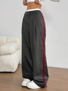 Flirla Contrast Waistband Striped Print Casual Versatile Pocket Pants Fall Cloth For Women - Grey - View 4