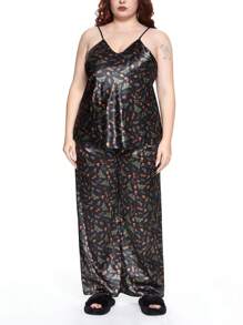 ROMWE Fairycore Plus Size Fairy Core Butterfly Mushroom Floral Satin Allover Print Camisole & Lounge Pants Set