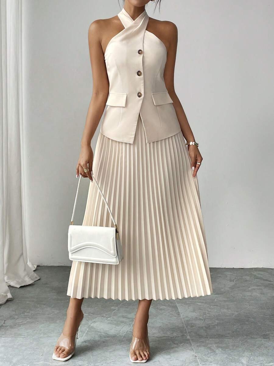 SHEIN Unity 2pcs Set: Criss-Cross Halter Vest Top With Classic Pleated A-Line Skirt - Apricot - View 1