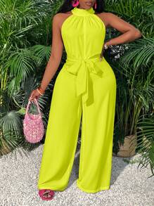 Slaydiva Vacation Green Turtleneck With Pockets Wide Leg Jumpsuit - Green - View 1