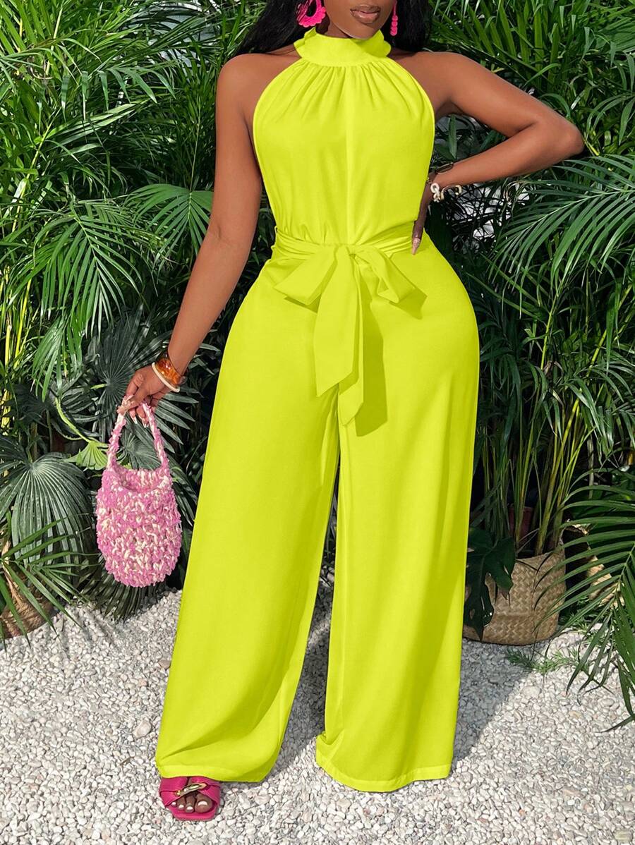 Slaydiva Vacation Green Turtleneck With Pockets Wide Leg Jumpsuit - Green - View 1