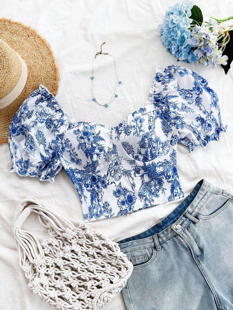 Soleia Women's Holiday Blue & White Floral Print Sweetheart Neck Puff Sleeve Ruffle Hem Patchwork Short Shirt - Multicolor - View 1