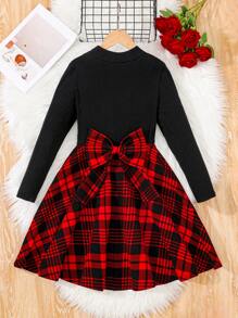 SHEIN Tween Girls Casual Christmas Party Knit Round Neck Long Sleeve Plaid Patchwork Dress - Red - View 2