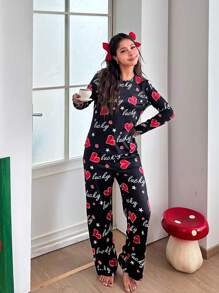 SHEIN Teen Girl Heart & Letter Graphic Round Neck Long Sleeve, Loose Casual Comfortable 2 Pcs Pajama Set, Suitable For Valentine's Day