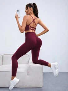 Slayoga Conjunto de top deportivo y mallas sin costuras, elástico y alto para mujer con espalda cruzada para yoga y entrenamiento. Conjunto de mallas y atuendo de gimnasia para mujer.