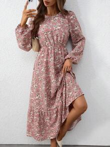 SHEIN Clasi Váy tay bồng họa tiết hoa giản dị cho kỳ nghỉ của phụ nữ - Hồng - Xem 5