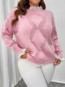 SHEIN Clasi Celure Plus Size Women Pink Pompom Lace Trim Elegant Casual Sweater Pullover, Winter Knit Pullover Fall,Long-Sleeved, Women's Pullover, Elegant, Casual, Christmas, Red, Party,Winter,Summer,Spring/Fall Valentine's Day - Pink - View 6