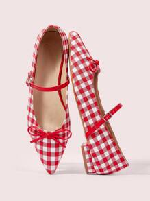CUCCOO DOLLMOD Red And White Plaid Fabric Women's Pointed Toe Flat Shoes Valentine's Day - Red and White - View 1