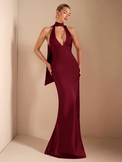 SHEIN BAE Vestido elegante de tirantes y escote en V profundo, con espalda descubierta y cola de pez, en color rojo sólido, de estilo sexy y adecuado para fiestas de cócteles, citas románticas, usar con prendas de punto, fiestas, bodas, Halloween y Navidad.