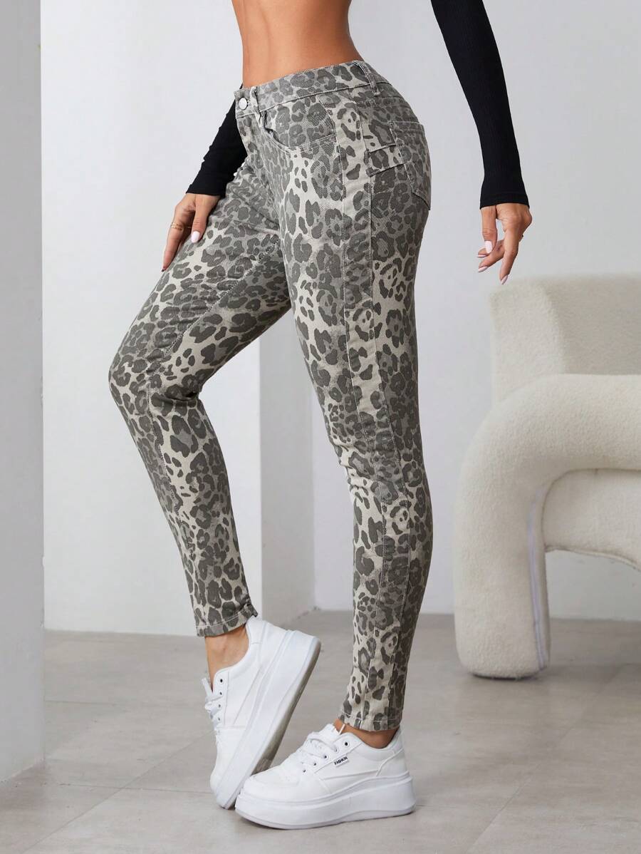 女士豹纹口袋休闲紧身牛仔裤，百搭 - 彩色 - 查看 1