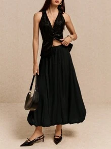 Poéselle 女士秋季闪光派对气球长裙、泡泡派对裙、泡泡裙、派对裙、夏季、秋季女士连衣裙、返校节季节连衣裙、派对女士连衣裙、万圣节服装、婚前派对、婚礼宾客 - 黑色 - 查看 6