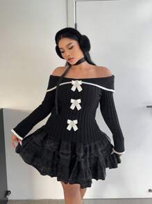 Flirla Große Größen Schleife Dekor Off-Shoulder Kontrast Bindung Figurbetonte Elegant Langarm Pullover Strick Herbst Winter - Schwarz - Übersicht 3