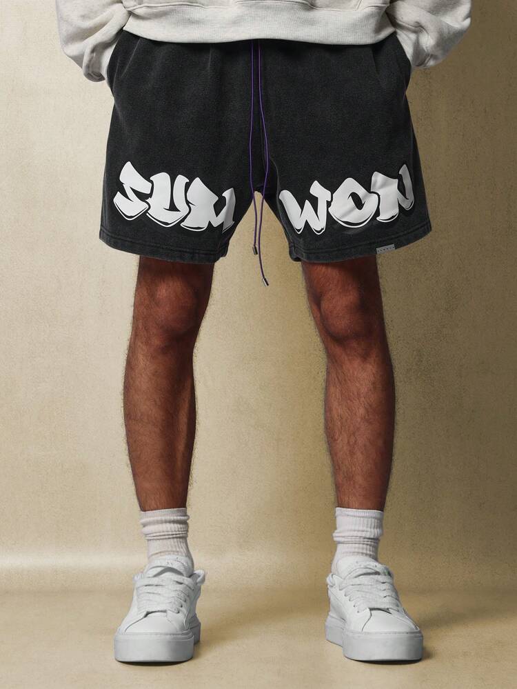 Washed Short With Drawstrings & Graffiti Graphic Print