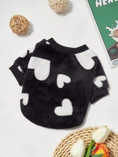 PETSIN 1件宠物猫狗黑色抓绒爱心印花保暖圆领卫衣，猫狗均适用