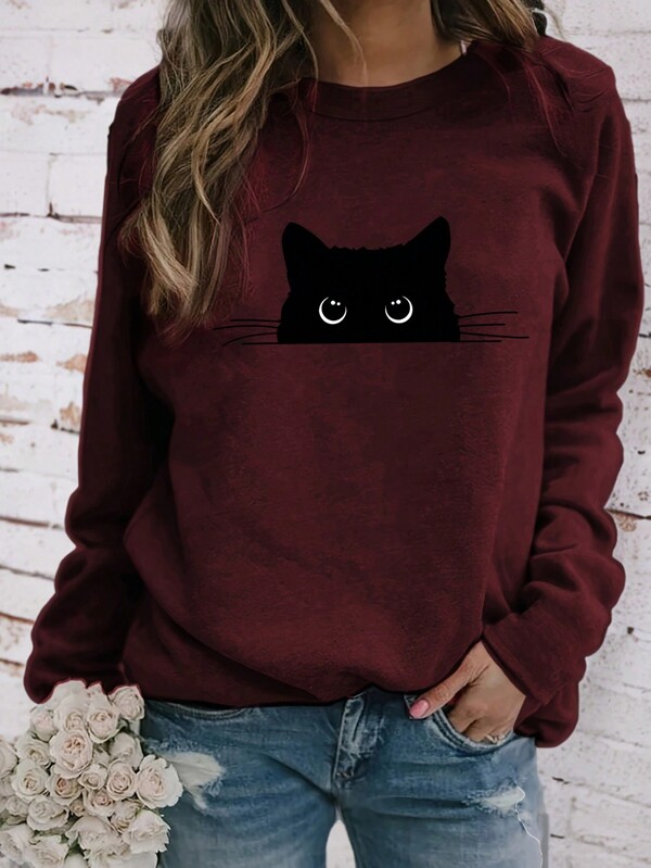INAWLY Camiseta de manga larga con cuello redondo, estampado de gato de dibujos animados, de corte holgado y casual para mujer. Camiseta gráfica de otoño para mujer, ideal para primavera y otoño