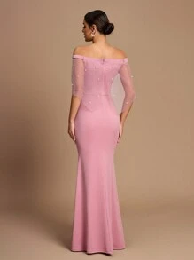 SHEIN Belle Vestido de mujer elegante y romántico con mangas estilo chal y hombros descubiertos, de punto elástico de color rosa claro, con decoración de perlas falsas, silueta de sirena, apropiado para bodas, fiestas y atuendo formal de dama de honor