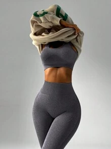 Slayform 女士无袖简约短款上衣和长裤休闲运动套装健身套装女士健身套装女士紧身裤套装 - 深灰色 - 查看 5