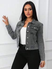 Women Single Breasted Casual Denim Jacket, Versatile For Autumn