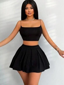 SHEIN PETITE 女式纯色黑色休闲运动百褶返校网球裙校园装迷你短裙女款