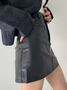 DAZY Women's Solid Color PU Leather Short Wrap-Style Black Skirt, All-Season Fall Skirts - Black - View 4