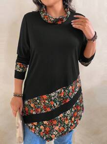 Plus Size Women's Casual Loose Asymmetrical Hem Printed Turtleneck Long Sleeve T-Shirt,Black Autumn Boho Everyday Graphic Tees Tops For Spring Fall - Multicolor - View 1