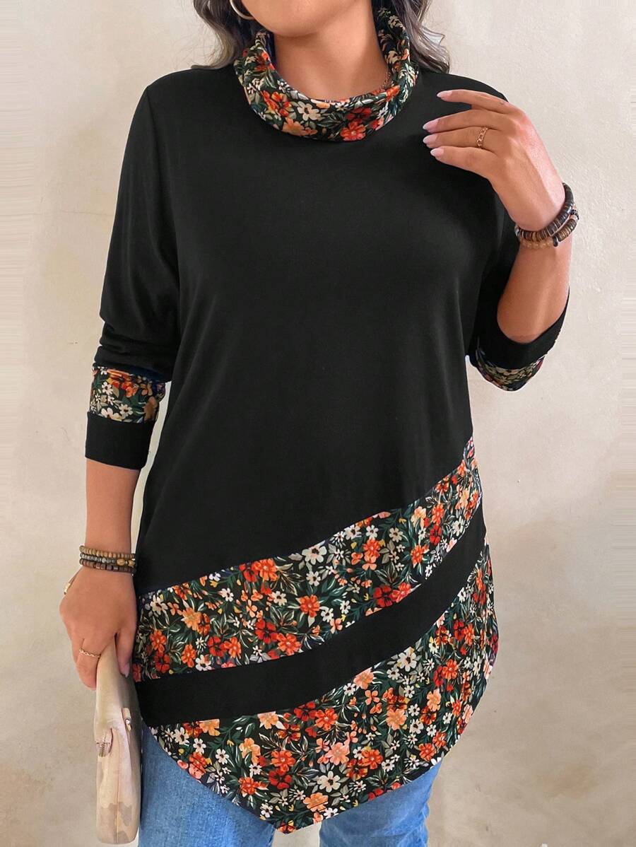 Plus Size Women's Casual Loose Asymmetrical Hem Printed Turtleneck Long Sleeve T-Shirt,Black Autumn Boho Everyday Graphic Tees Tops For Spring Fall - Multicolor - View 1