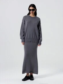 SHEIN EZwear Casual Split Back Drop Shoulder Pullover Sweater + Long Knit Skirt Set - Dark Grey - View 1