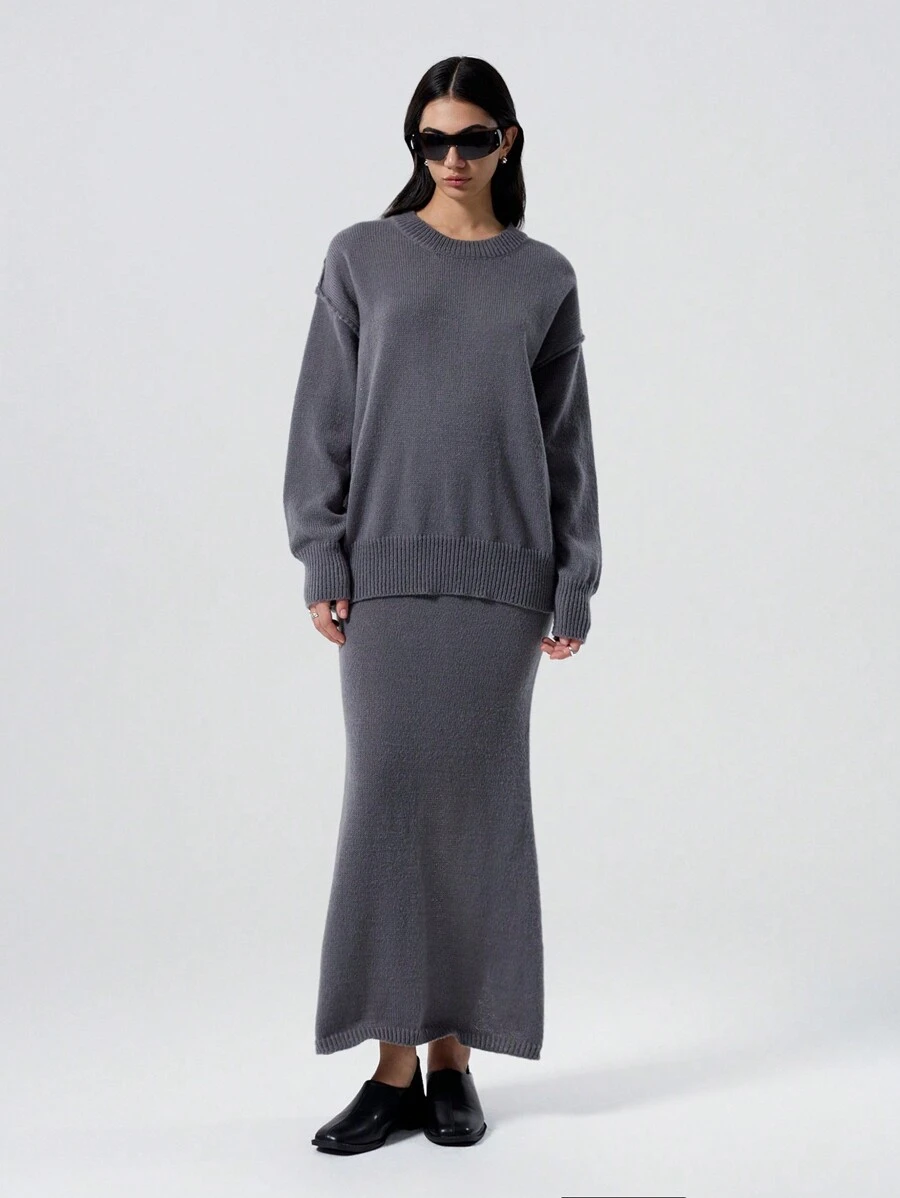 SHEIN EZwear Casual Split Back Drop Shoulder Pullover Sweater + Long Knit Skirt Set - Dark Grey - View 1