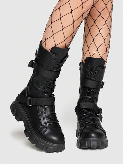 Grunge Punk Botines de tobillo de suela gruesa con hebilla y puntera redonda, de estilo punk, en piel sintética negra, para el estilo punk diario en la temporada navideña y de Año Nuevo, otoño e invierno