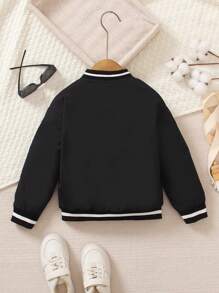 SHEIN 男童骑士印花长袖保暖内衬休闲棒球夹克，秋冬款 - 黑色 - 查看 2