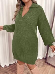SHEIN Clasi Plus Size Women's Turndown Collar Long Lantern Sleeve Loose Elegant Work Casual Knit Sweater Dress, Winter