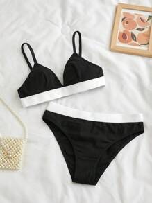 3pcs Teens Girls Comfort Sports Simple Triangle Cup Bra + Briefs Underwear Set - Black - View 5